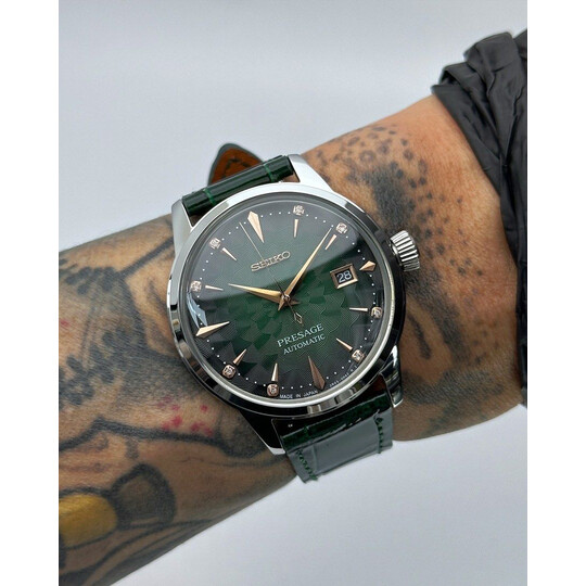 Custom Seiko Mod • Green Rose Diamond Sakura Silver Presage • 40.5mm